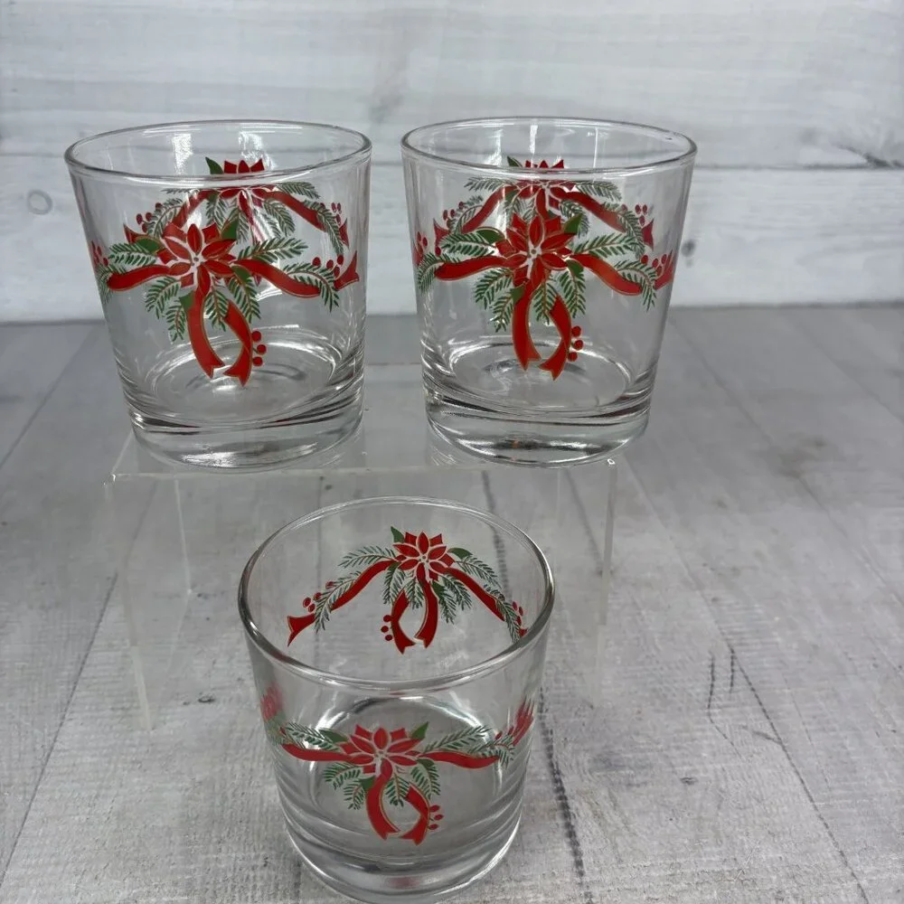 Anchor Hocking POINSETTIA & RIBBONS 89524 Rocks 9oz Whiskey Glasses Set 3 NEW